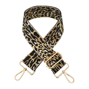 Detail of leopard print bag strap with adjustable gold slider and sturdy lobster clasps