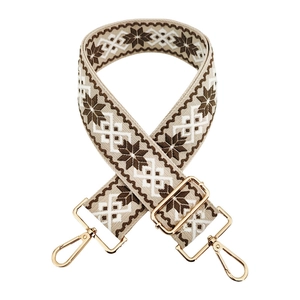 Close-up of geometric snowflake pattern on ethnic style wide woven bag strap