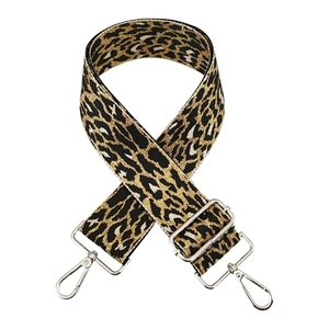Detail of adjustable leopard print bag strap with silver metal lobster claw clasps
