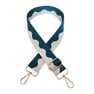 Adjustable 3.8cm wide woven bag strap with teal and white wave pattern and gold hooks