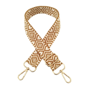 Adjustable wide shoulder strap with brown and beige diamond jacquard and gold metal hooks