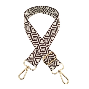 Adjustable woven shoulder strap with black and white diamond jacquard and gold metal clips