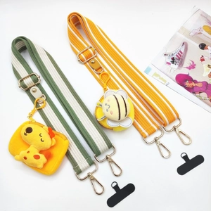 Adjustable 3.8cm colorful striped wide shoulder straps with plush mini animal purses