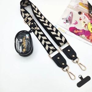 Universal crossbody phone strap with black-white woven pattern and transparent coin pouch