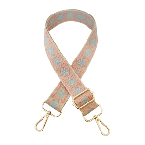 Pink and blue geometric embroidery bag strap with golden metal lobster clasps