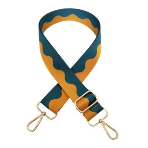 Detail of wide adjustable shoulder strap with wave jacquard pattern and gold metal hooks