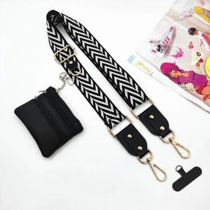 Adjustable black and white chevron crossbody strap with gold hooks and zip coin purse