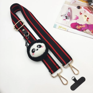 Detail of 3.8cm wide black strap with red stripes, gold buckle and panda pendant