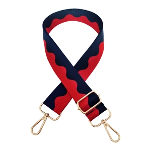 Detail of red and blue wavy pattern canvas strap with adjustable golden metal buckle