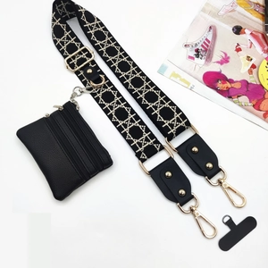 Adjustable beige and black geometric woven shoulder strap with leather coin purse detail