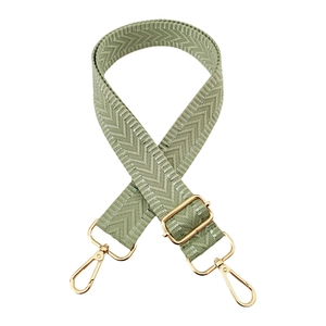 Detail of light green chevron weave bag strap with adjustable pale gold metal hardware