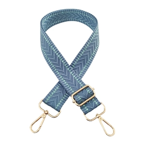 Close-up of chevron woven grey-blue bag strap with shiny silk and gold metal buckles