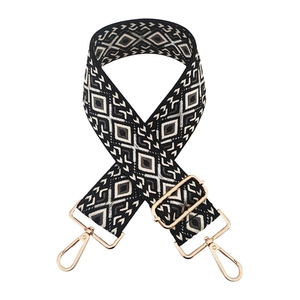 Adjustable 5cm wide ethnic style shoulder strap with silver diamond pattern and gold hooks