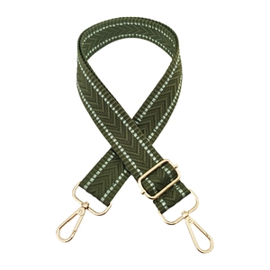 Detail of olive green woven bag strap with golden metal hooks and adjustable buckle