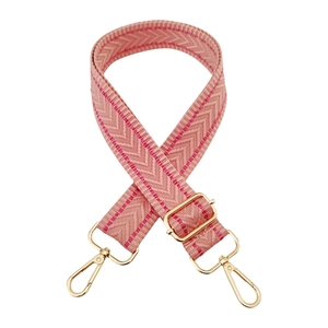 Close-up of pink chevron woven strap with adjustable gold metallic buckles and clips