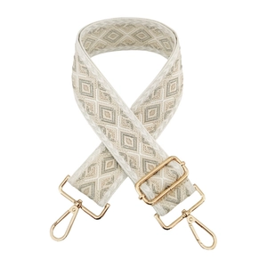 Macro detail of 5cm diamond jacquard bag strap with polished gold lobster clasps