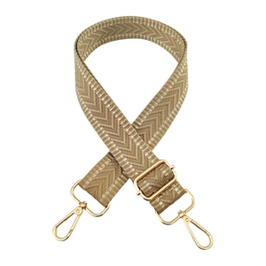 Detail of khaki chevron woven bag strap with adjustable polished gold metal buckles