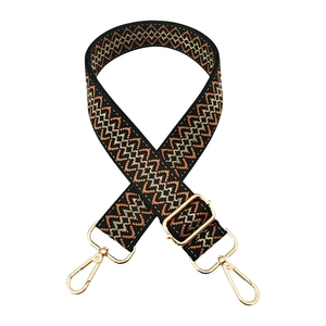 Adjustable woven shoulder strap with geometric zig-zag pattern and gold metal hooks