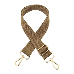 Detail of 3.8cm wide khaki chevron strap with adjustable gold lobster buckles
