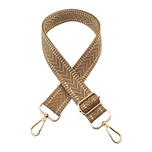 Close-up of khaki woven strap with herringbone pattern and gold lobster clasps