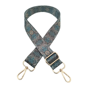 Adjustable wide replacement bag strap with bohemian mandala pattern and gold metal hooks