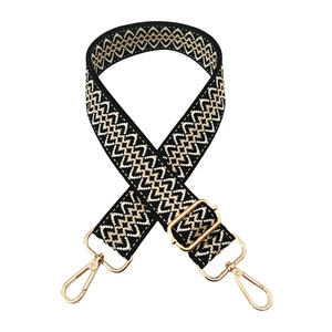 Detail view of jacquard bag strap with wave pattern and golden metal lobster clasps
