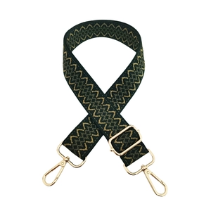 Detail of adjustable geometric weave strap with gold hardware for crossbody bags