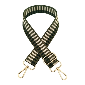 Adjustable green and white striped bag strap with gold metal hooks and hardware detail