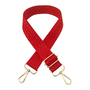 Detail of red adjustable 3.8cm wide shoulder strap with diamond weave and gold buckles