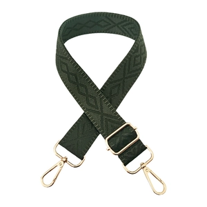 Dark green 3.8cm wide shoulder strap with rhombus jacquard pattern and gold metal hooks