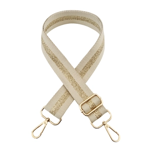 Adjustable beige and gold metallic replacement shoulder strap with durable swivel lobster hooks