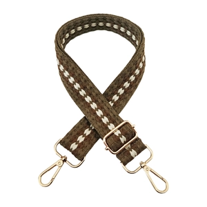 Detail of bohemian geometric woven bag strap with adjustable gold-tone metal hardware