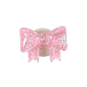 Pink sequin bow phone socket grip stand with glitter resin finish for smartphones