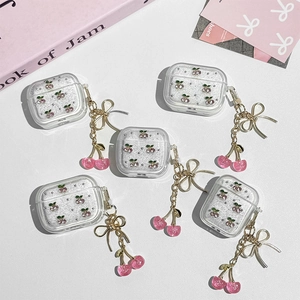 Transparent Glitter TPU Wireless Earbuds Case With Pink Rhinestone Cherry Decor And Metal Bow Keychain Charm Sweet Style For Women