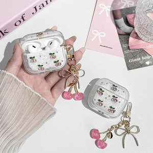 Sparkly cherry pattern transparent case for AirPods with bow keychain and glitter
