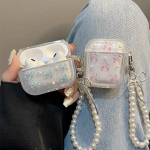 Earphone Case Clear TPU Glitter Laser Butterfly Decor Long Artificial Pearl Chain Lanyard Protective Cover Sweet Elegant Fashion