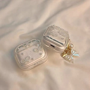 Funda Transparente Para Auriculares Con Brillo Y Colgante De Lazo De Perlas Artificiales Cubierta Protectora De TPU Dulce Para Mujer