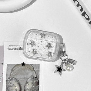 Detail of clear AirPods case with silver glitter, rhinestones, and star pearl pendant