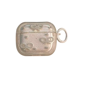 Funda de purpurina para AirPods con lazos de perlas y gancho redondo blanco