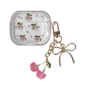 Sparkly glitter clear earphone case for AirPods with pink cherry charms and gold bow knot