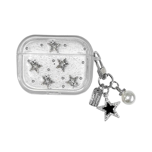 AirPods Pro case with silver stars, glitter design, and elegant pearl keychain accessory