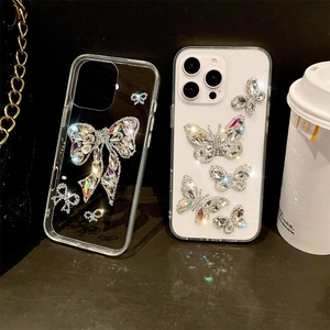 Rhinestone Butterfly Phone Case Acrylic Crystal Bowknot Sparkling Glitter Protective Cover Shockproof Luxury Fashion