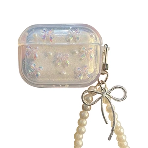 Translucent butterfly case for AirPods 4 with elegant pearl chain and silver bow charm