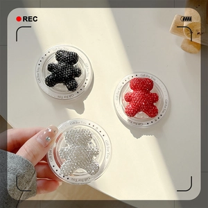 Glittery rhinestone bear phone grip holder in black, red and silver with pop-up stand base