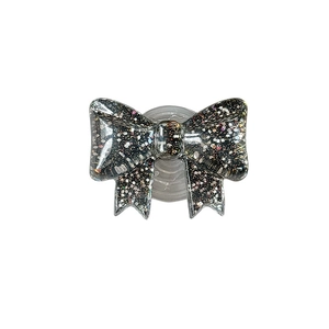 Black glitter bow phone grip with colorful sequins and a foldable telescopic stand