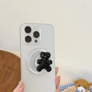 Sparkling black rhinestone bear phone grip holder with Gift For You print for smartphones