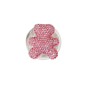 Sparkling pink rhinestone bear collapsible phone grip stand with transparent base for desk