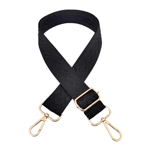 Black 3.8cm wide geometric diamond patterned adjustable bag strap with gold hooks