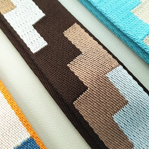 Close-up of geometric woven shoulder strap showing high-density texture and multi-color pattern