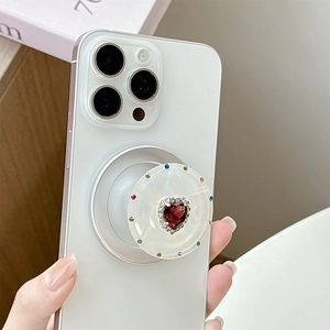 Magnetic telescopic phone grip with red heart gemstone and sparkling rhinestone border